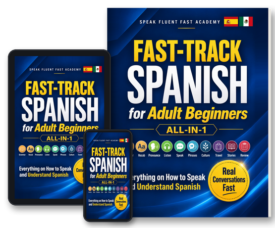 Fast-Track Spanish for Adult Beginners as paperback, tablet and phone